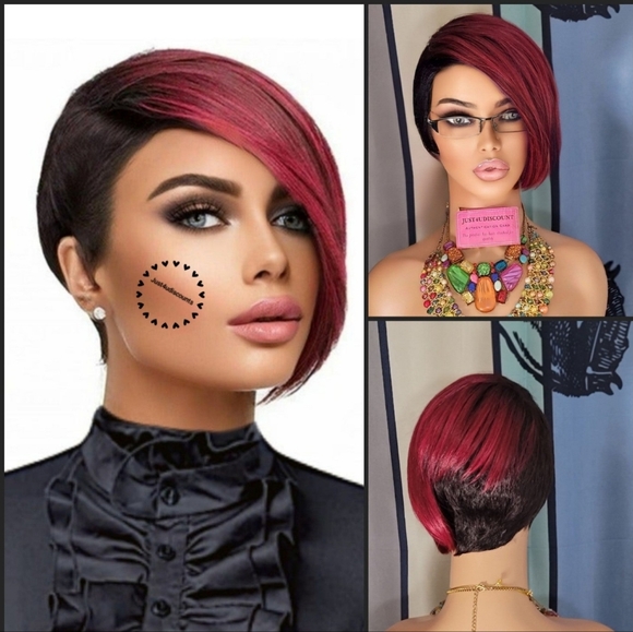 Burgundy wine swoop band pixie wig with dark roots